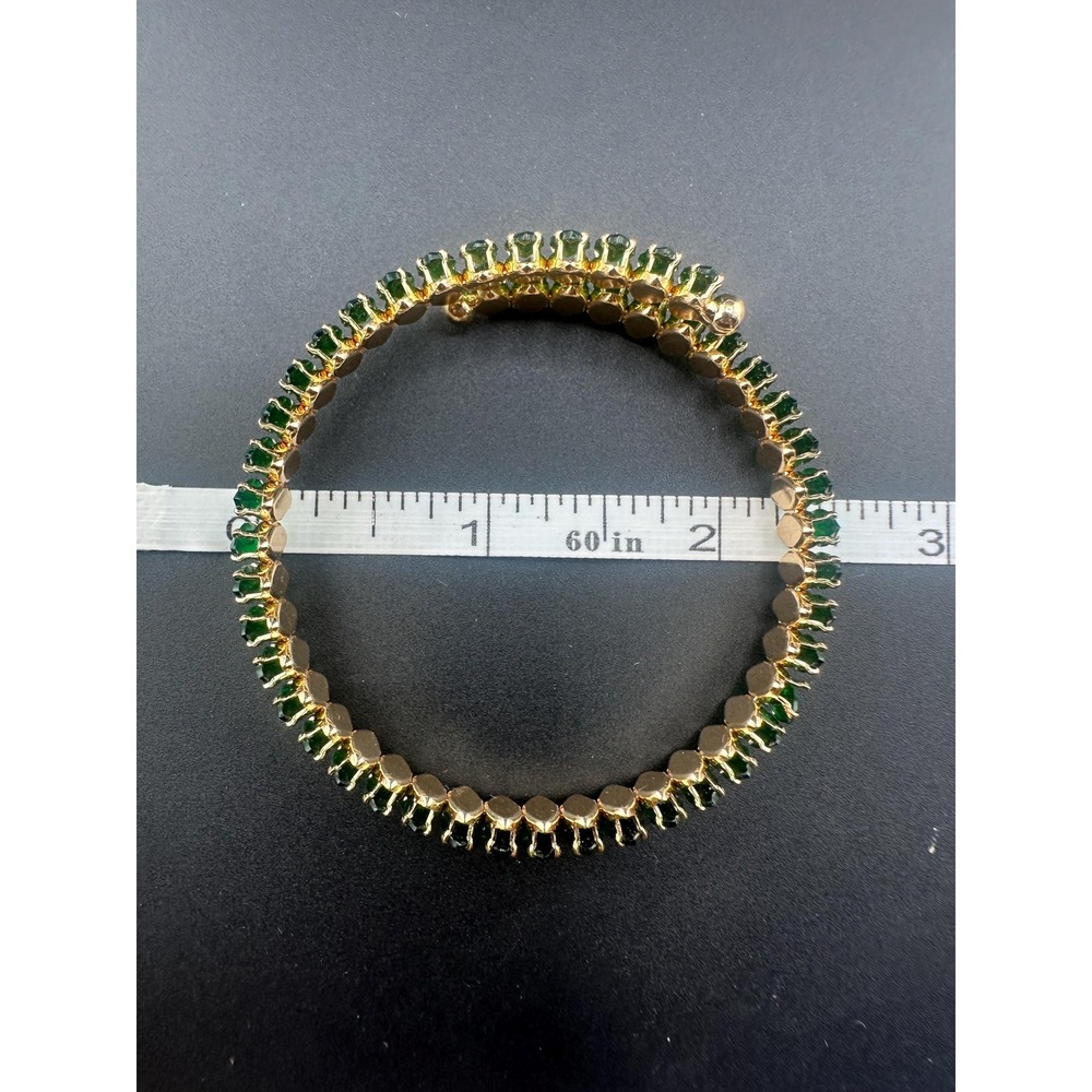 Vintage Emerald Green Glass Navette Rhinestone Flexible Bracelet Mid Century - Picture 7 of 11